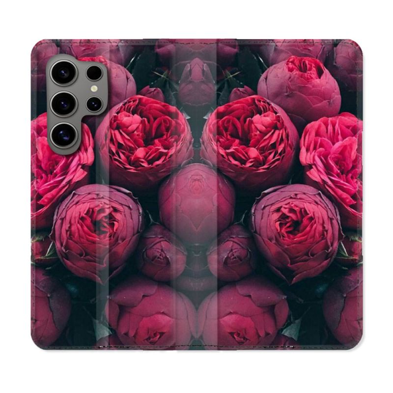 Housse Cuir Portefeuille pour Samsung Galaxy S24 Ultra Fleur Pivoine