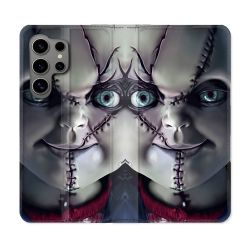 Housse Cuir Portefeuille pour Samsung Galaxy S24 Ultra Horreur Chucky Cicatrice