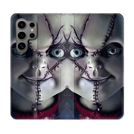 Housse Cuir Portefeuille pour Samsung Galaxy S24 Ultra Horreur Chucky Cicatrice