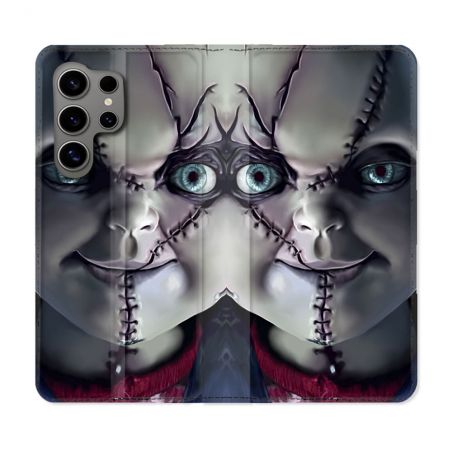 Housse Cuir Portefeuille pour Samsung Galaxy S24 Ultra Horreur Chucky Cicatrice