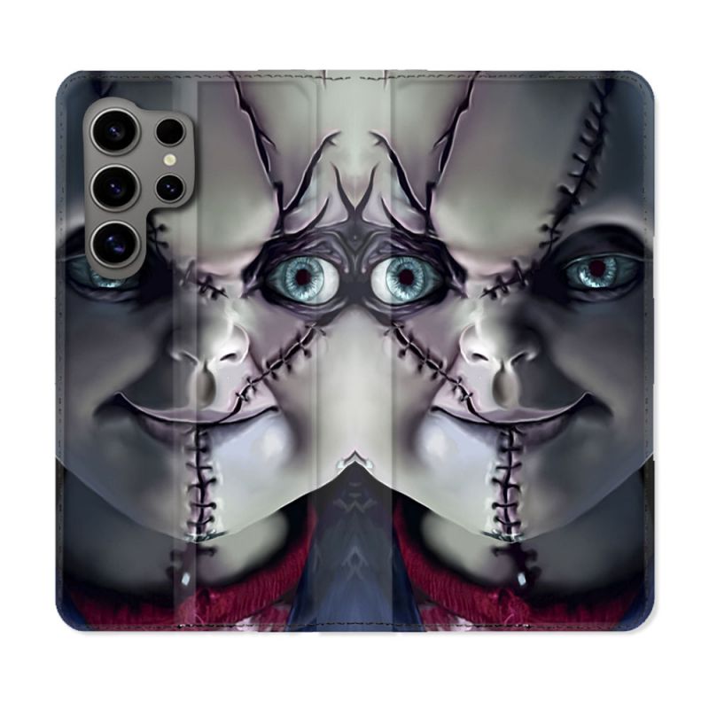 Housse Cuir Portefeuille pour Samsung Galaxy S24 Ultra Horreur Chucky Cicatrice