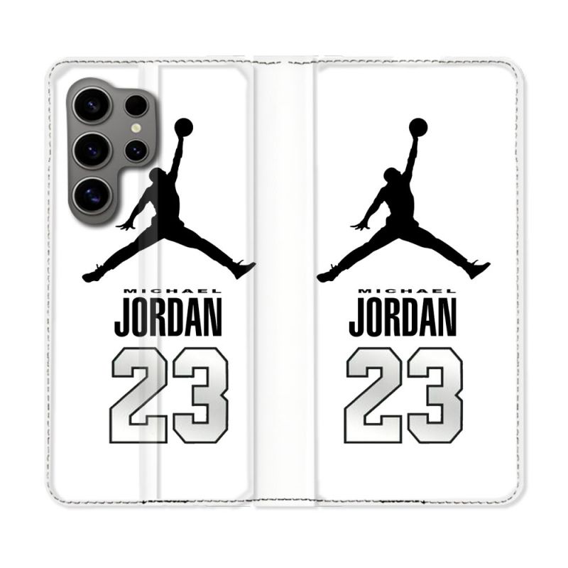Housse Cuir Portefeuille pour Samsung Galaxy S24 Ultra Jordan 23 Blanc