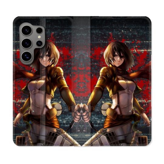 Housse Cuir Portefeuille pour Samsung Galaxy S24 Ultra Manga Attaque Titans Mikasa