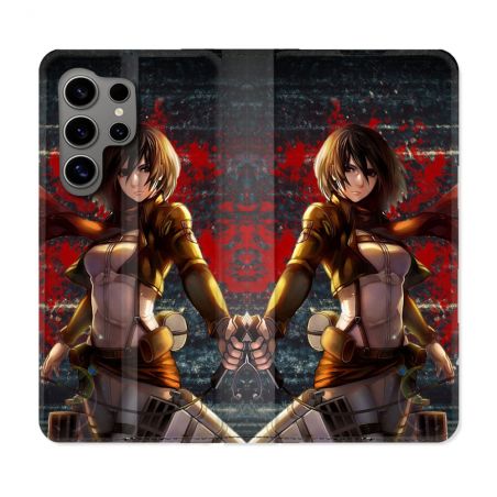 Housse Cuir Portefeuille pour Samsung Galaxy S24 Ultra Manga Attaque Titans Mikasa