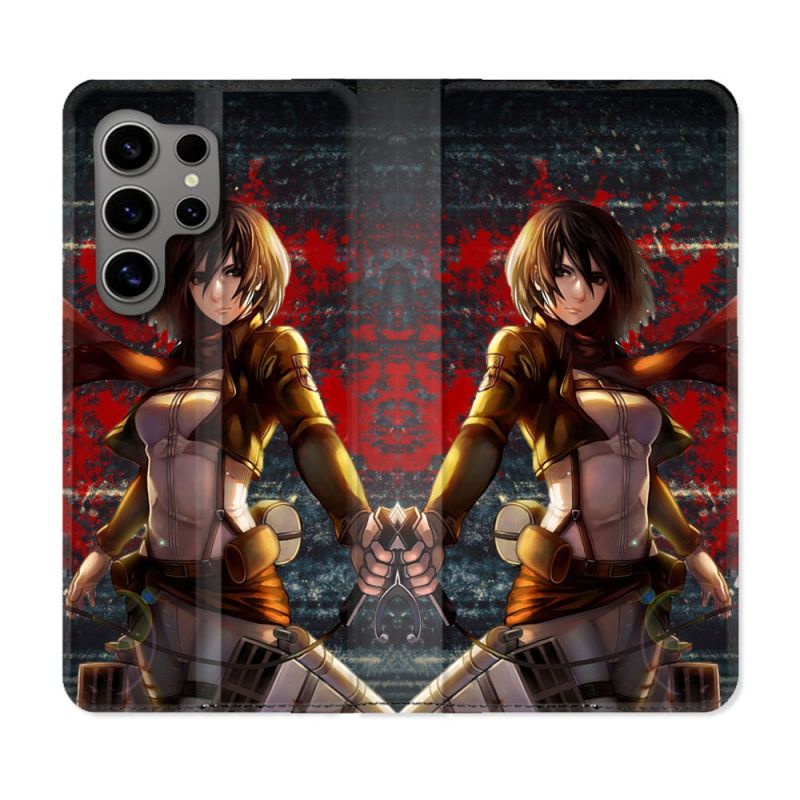 Housse Cuir Portefeuille pour Samsung Galaxy S24 Ultra Manga Attaque Titans Mikasa