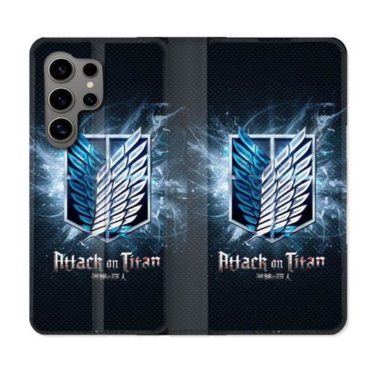 Housse Cuir Portefeuille pour Samsung Galaxy S24 Ultra Manga Attaque Titans Noir