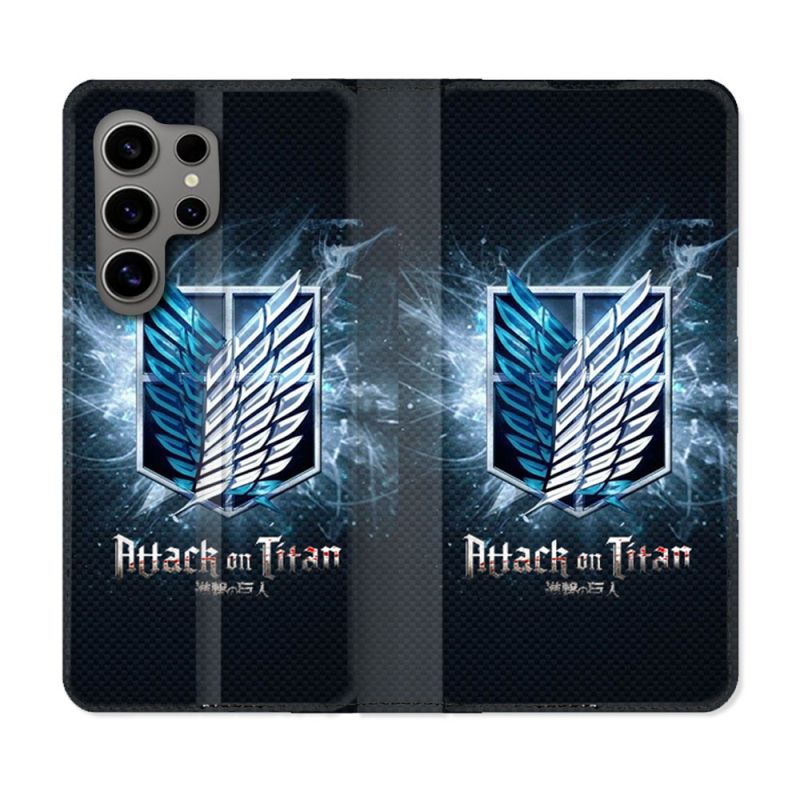 Housse Cuir Portefeuille pour Samsung Galaxy S24 Ultra Manga Attaque Titans Noir