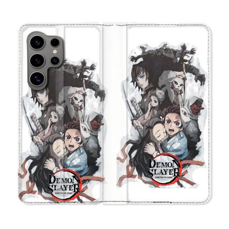 Housse Cuir Portefeuille pour Samsung Galaxy S24 Ultra Manga Demon Slayer Blanc