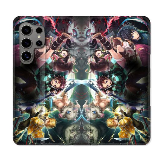Housse Cuir Portefeuille pour Samsung Galaxy S24 Ultra Manga Demon Slayer Groupe