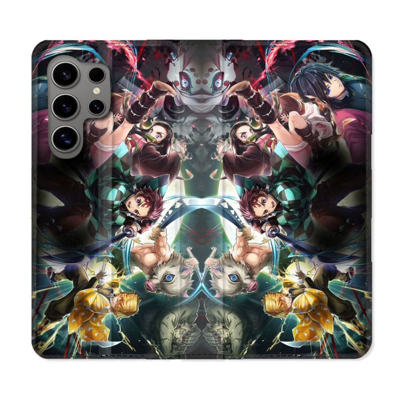 Housse Cuir Portefeuille pour Samsung Galaxy S24 Ultra Manga Demon Slayer Groupe
