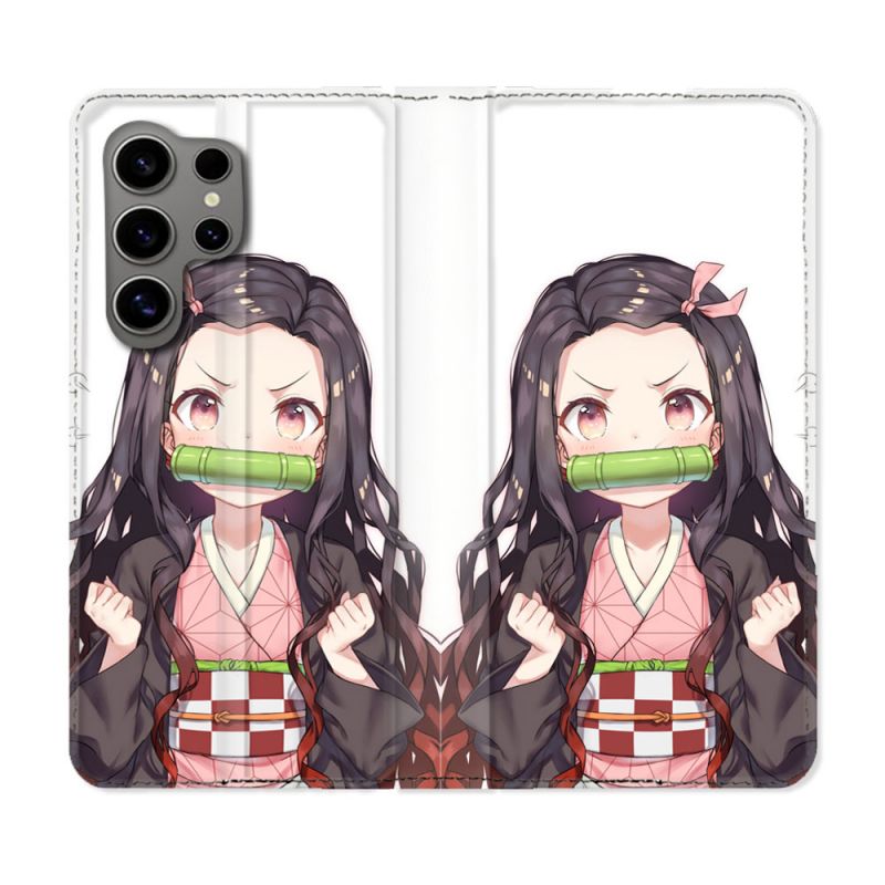 Housse Cuir Portefeuille pour Samsung Galaxy S24 Ultra Manga Demon Slayer Nezuko