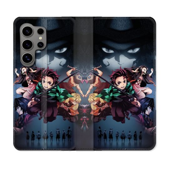 Housse Cuir Portefeuille pour Samsung Galaxy S24 Ultra Manga Demon Slayer Noir