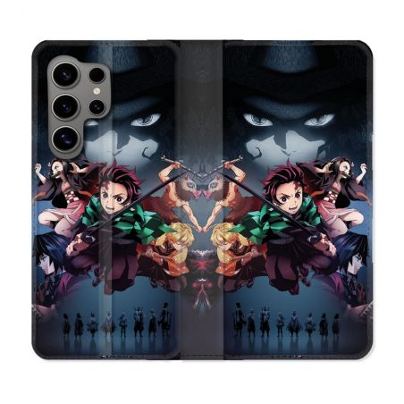 Housse Cuir Portefeuille pour Samsung Galaxy S24 Ultra Manga Demon Slayer Noir