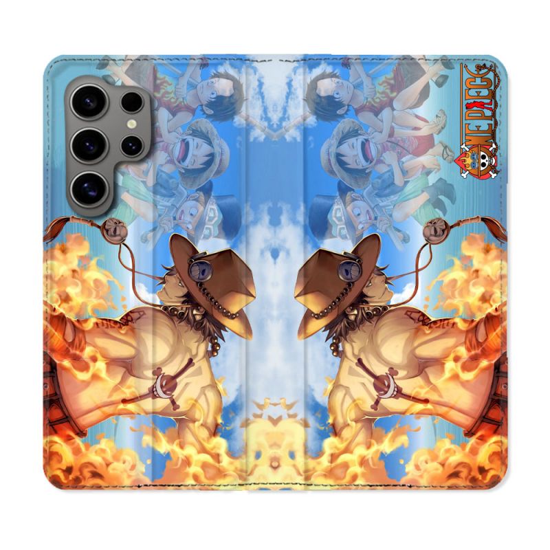 Housse Cuir Portefeuille pour Samsung Galaxy S24 Ultra Manga One Piece Ace Color
