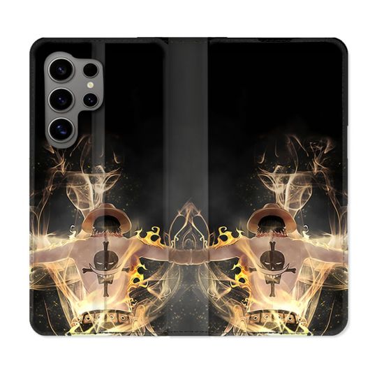 Housse Cuir Portefeuille pour Samsung Galaxy S24 Ultra Manga One Piece Ace Noir