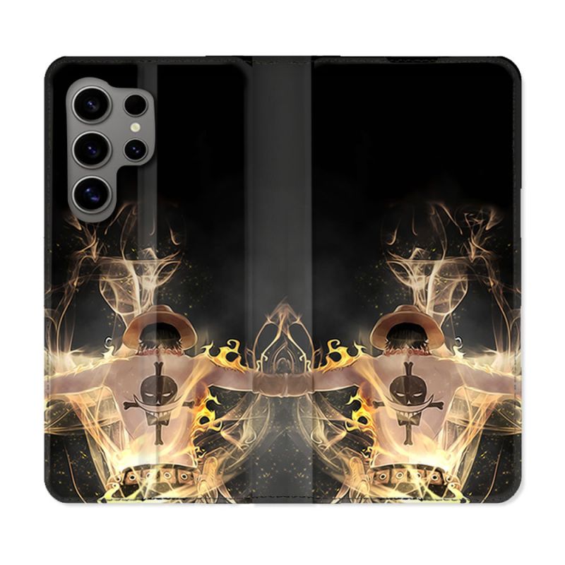 Housse Cuir Portefeuille pour Samsung Galaxy S24 Ultra Manga One Piece Ace Noir