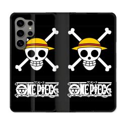 Housse Cuir Portefeuille pour Samsung Galaxy S24 Ultra Manga One Piece Tete de Mort