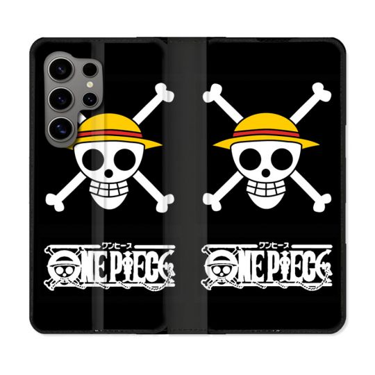 Housse Cuir Portefeuille pour Samsung Galaxy S24 Ultra Manga One Piece Tete de Mort