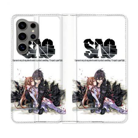 Housse Cuir Portefeuille pour Samsung Galaxy S24 Ultra Manga SAO sword Art Online Blanc