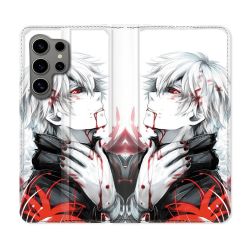Housse Cuir Portefeuille pour Samsung Galaxy S24 Ultra Manga Tokyo Ghoul Kaneki Blanc