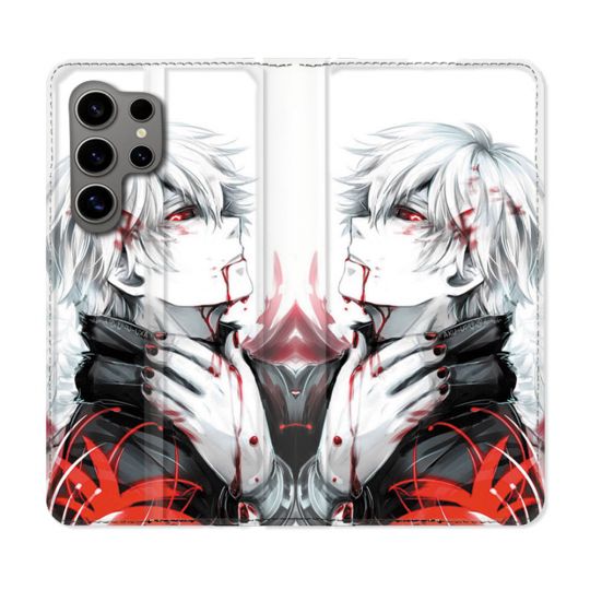 Housse Cuir Portefeuille pour Samsung Galaxy S24 Ultra Manga Tokyo Ghoul Kaneki Blanc