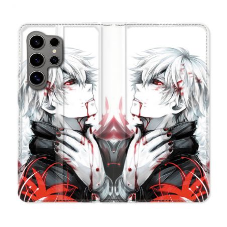 Housse Cuir Portefeuille pour Samsung Galaxy S24 Ultra Manga Tokyo Ghoul Kaneki Blanc