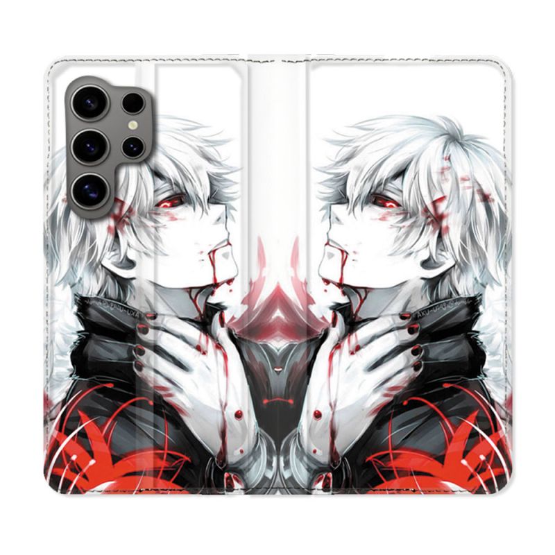 Housse Cuir Portefeuille pour Samsung Galaxy S24 Ultra Manga Tokyo Ghoul Kaneki Blanc