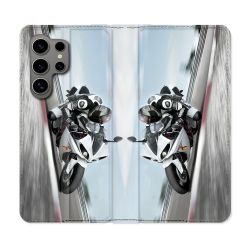 Housse Cuir Portefeuille pour Samsung Galaxy S24 Ultra Moto Course GP Blanche