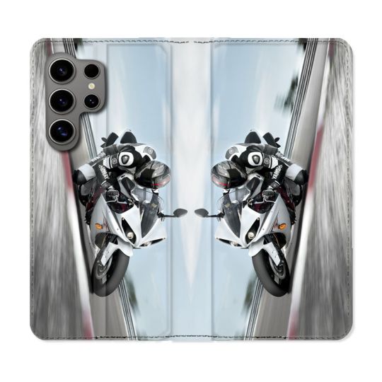 Housse Cuir Portefeuille pour Samsung Galaxy S24 Ultra Moto Course GP Blanche