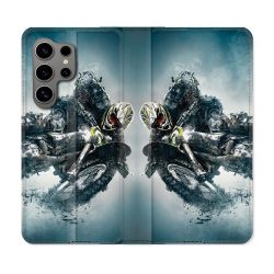 Housse Cuir Portefeuille pour Samsung Galaxy S24 Ultra Moto Cross Ombre