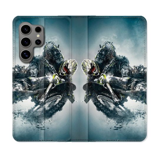 Housse Cuir Portefeuille pour Samsung Galaxy S24 Ultra Moto Cross Ombre