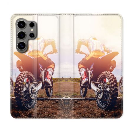 Housse Cuir Portefeuille pour Samsung Galaxy S24 Ultra Moto Cross Soleil