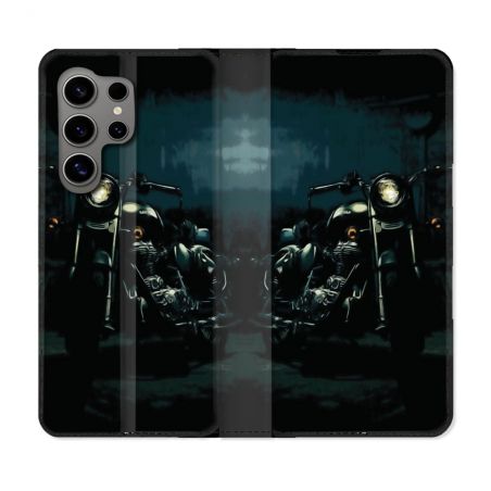 Housse Cuir Portefeuille pour Samsung Galaxy S24 Ultra Moto Harley Vintage