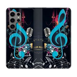Housse Cuir Portefeuille pour Samsung Galaxy S24 Ultra Musique Cle Sol Bleu