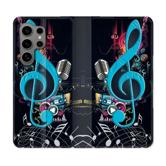 Housse Cuir Portefeuille pour Samsung Galaxy S24 Ultra Musique Cle Sol Bleu