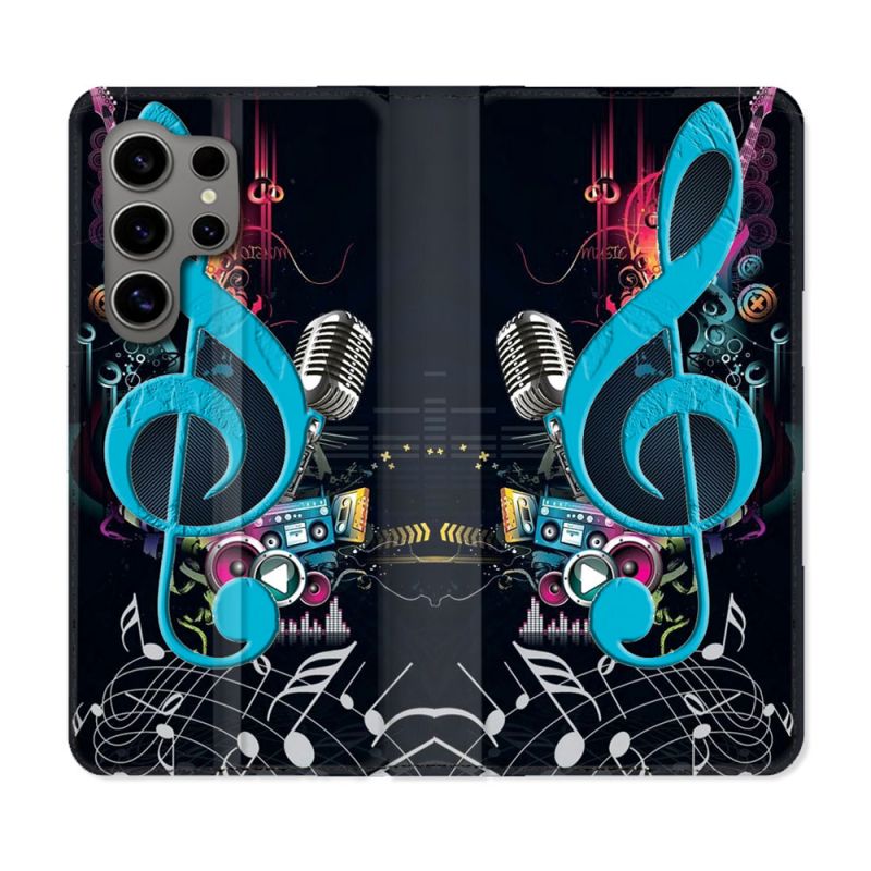 Housse Cuir Portefeuille pour Samsung Galaxy S24 Ultra Musique Cle Sol Bleu