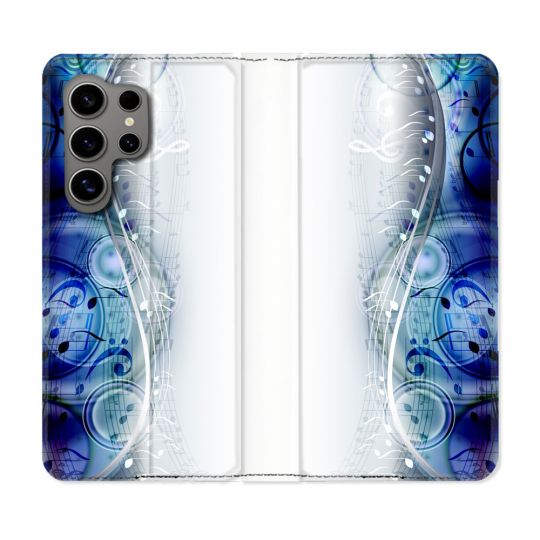 Housse Cuir Portefeuille pour Samsung Galaxy S24 Ultra Musique Partition Vague
