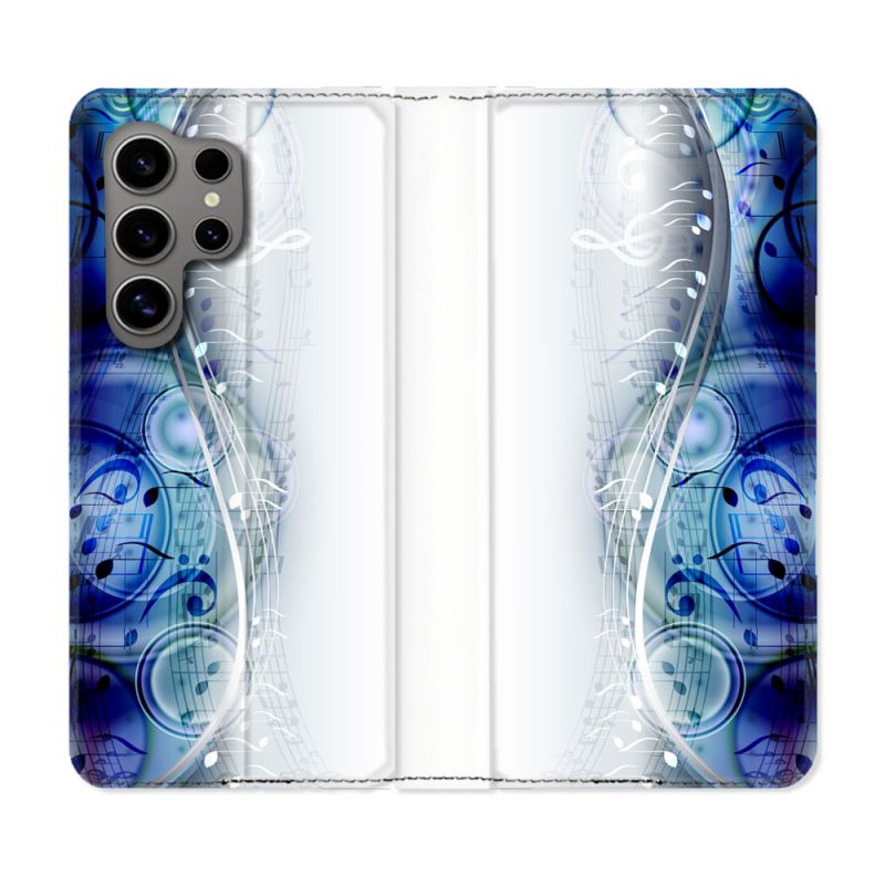 Housse Cuir Portefeuille pour Samsung Galaxy S24 Ultra Musique Partition Vague
