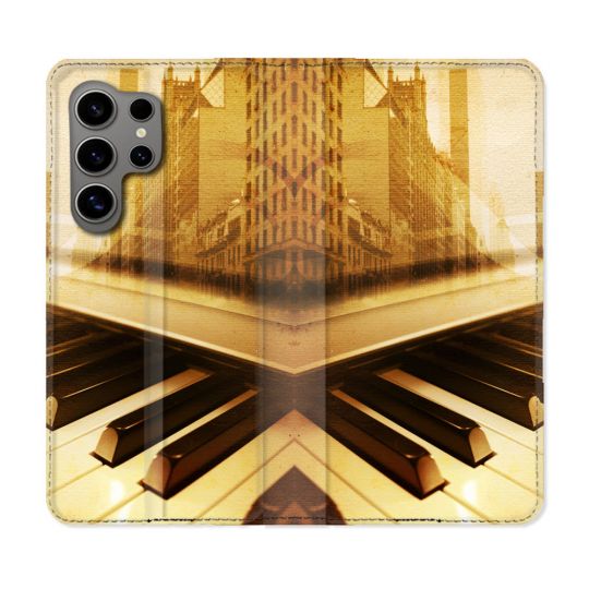 Housse Cuir Portefeuille pour Samsung Galaxy S24 Ultra Musique Piano Retro