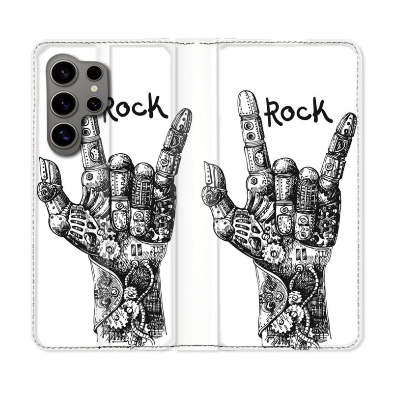 Housse Cuir Portefeuille pour Samsung Galaxy S24 Ultra Musique Rock Main