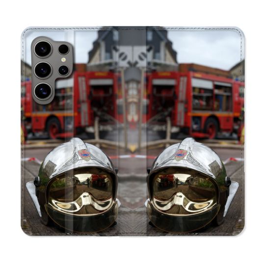 Housse Cuir Portefeuille pour Samsung Galaxy S24 Ultra Pompier Casque Camion