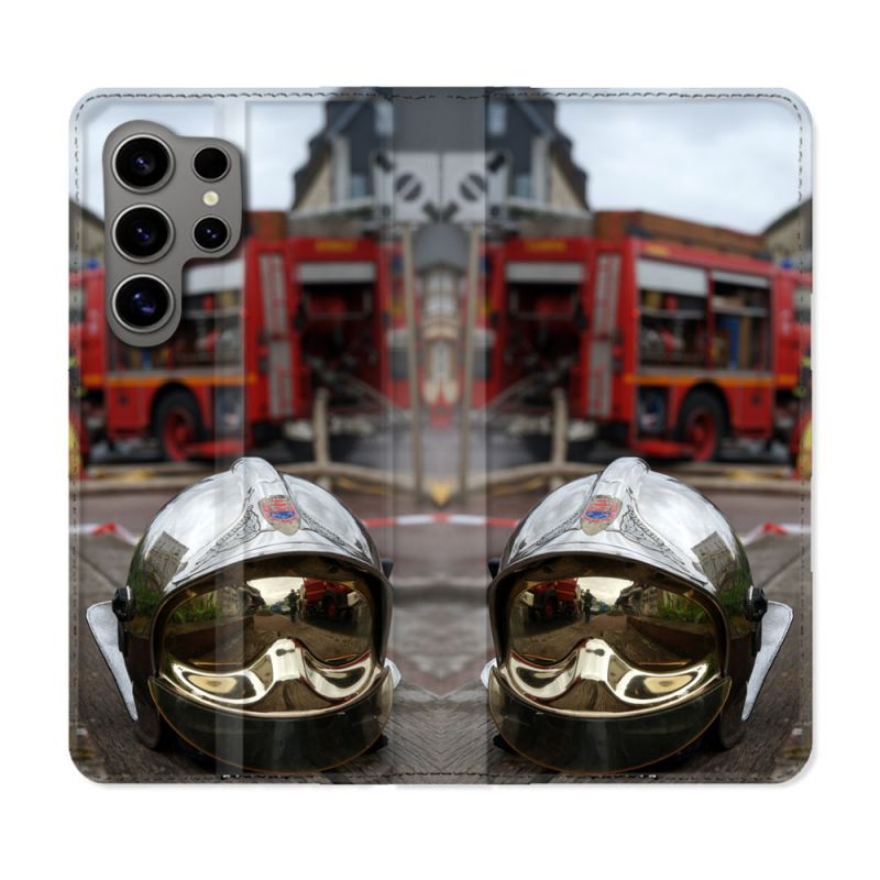 Housse Cuir Portefeuille pour Samsung Galaxy S24 Ultra Pompier Casque Camion