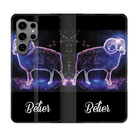 Housse Cuir Portefeuille pour Samsung Galaxy S24 Ultra Signe Zodiaque 2 Bélier