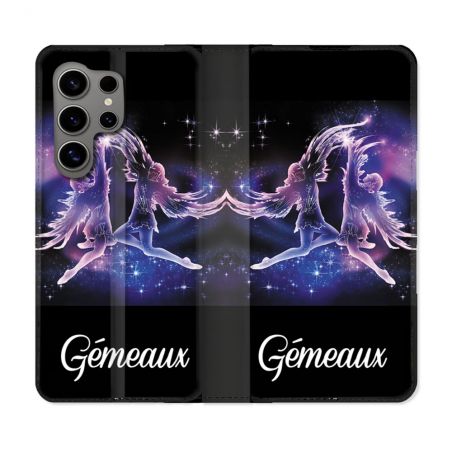 Housse Cuir Portefeuille pour Samsung Galaxy S24 Ultra Signe Zodiaque 2 Gémeaux