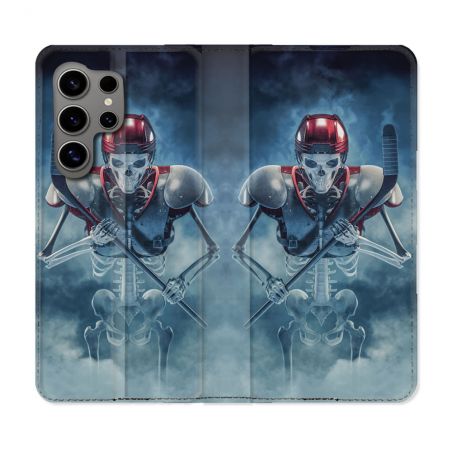 Housse Cuir Portefeuille pour Samsung Galaxy S24 Ultra Sport Hockey Squelette