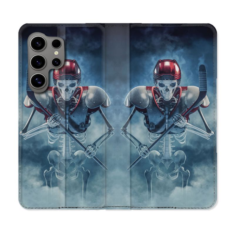Housse Cuir Portefeuille pour Samsung Galaxy S24 Ultra Sport Hockey Squelette
