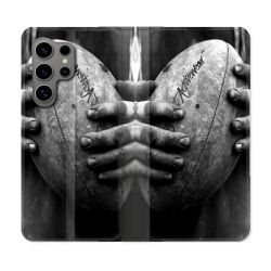 Housse Cuir Portefeuille pour Samsung Galaxy S24 Ultra Sport Rugby Ballon Vintage