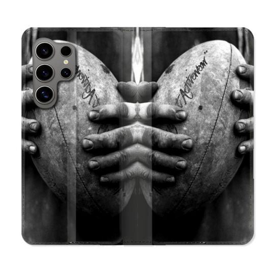 Housse Cuir Portefeuille pour Samsung Galaxy S24 Ultra Sport Rugby Ballon Vintage