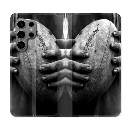 Housse Cuir Portefeuille pour Samsung Galaxy S24 Ultra Sport Rugby Ballon Vintage