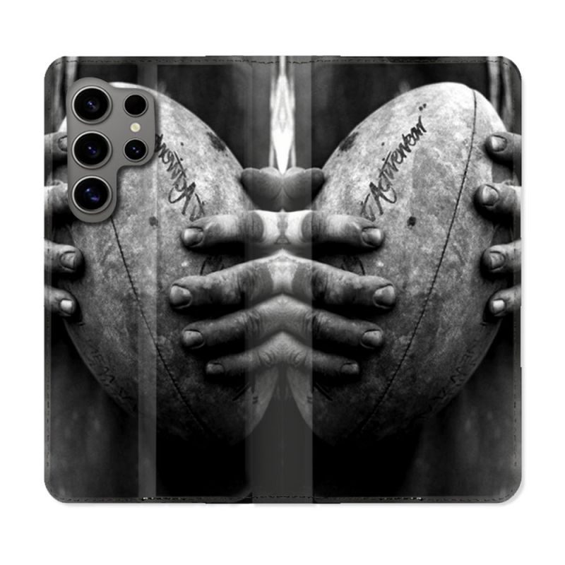 Housse Cuir Portefeuille pour Samsung Galaxy S24 Ultra Sport Rugby Ballon Vintage